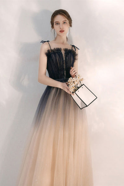 A Line Thin Straps Ombre Tulle Long Prom Dresses, Long Ombre Formal Graduation Evening Dresses