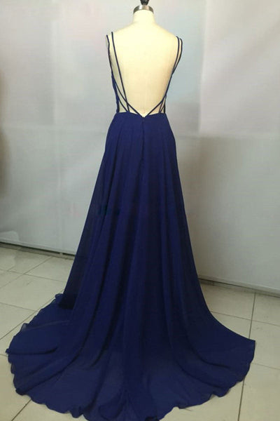 A Line V Neck Backless Blue Long Prom Dresses, V Neck Blue Formal Dresses, Backless Blue Evening Dresses