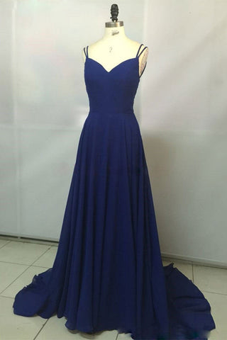 A Line V Neck Backless Blue Long Prom Dresses, V Neck Blue Formal Dresses, Backless Blue Evening Dresses
