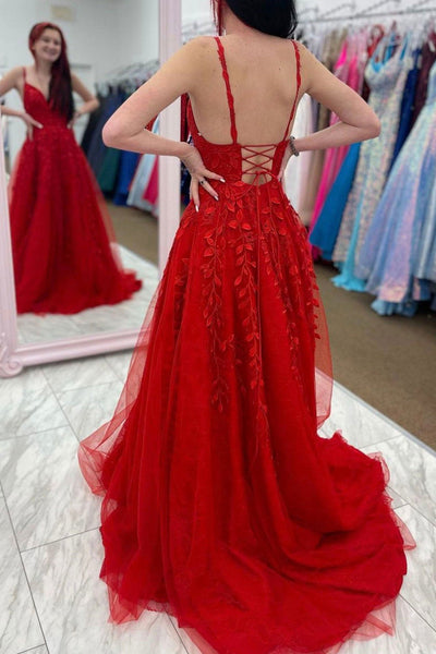 A Line V Neck Backless Red Lace Tulle Long Prom Dresses, Backless Red Formal Dresses, Red Lace Evening Dresses