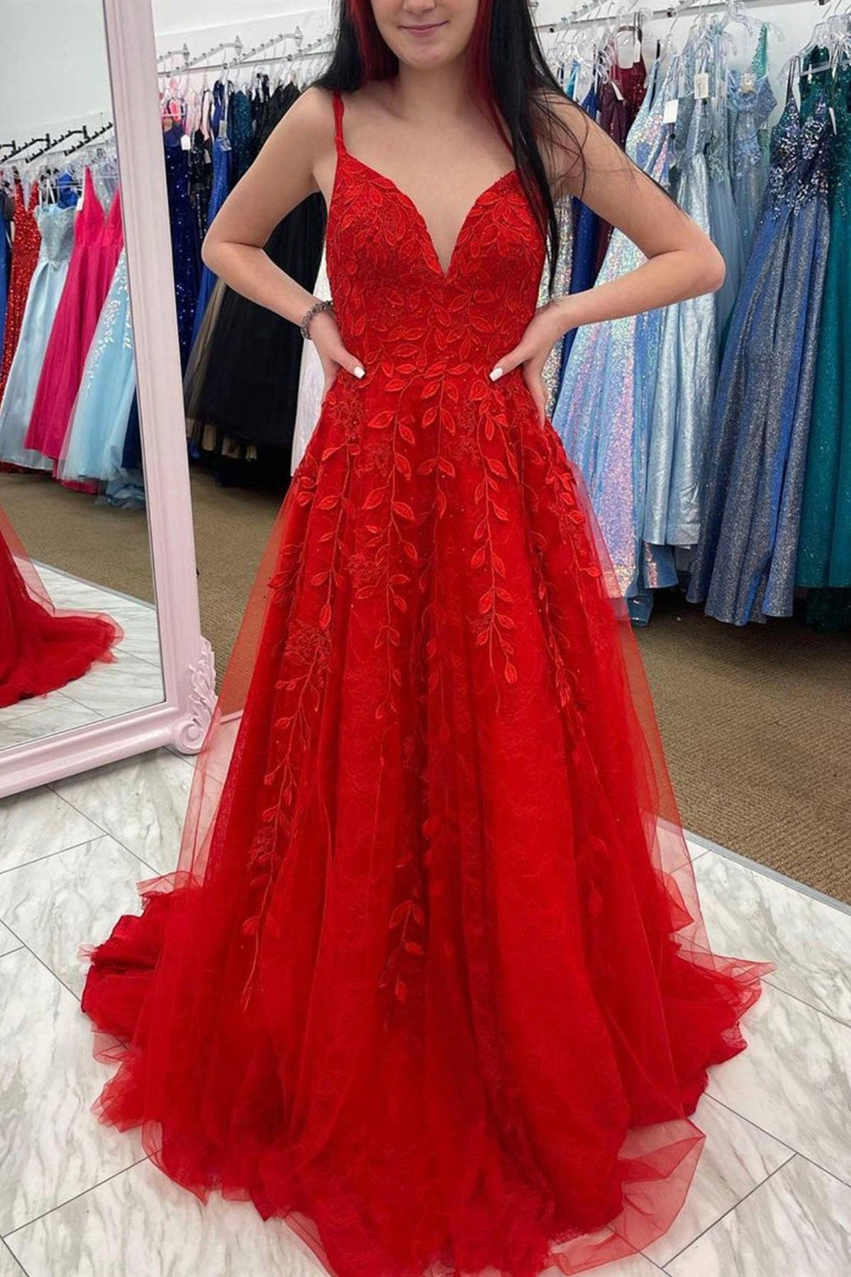 A Line V Neck Backless Red Lace Tulle Long Prom Dresses, Backless Red Formal Dresses, Red Lace Evening Dresses