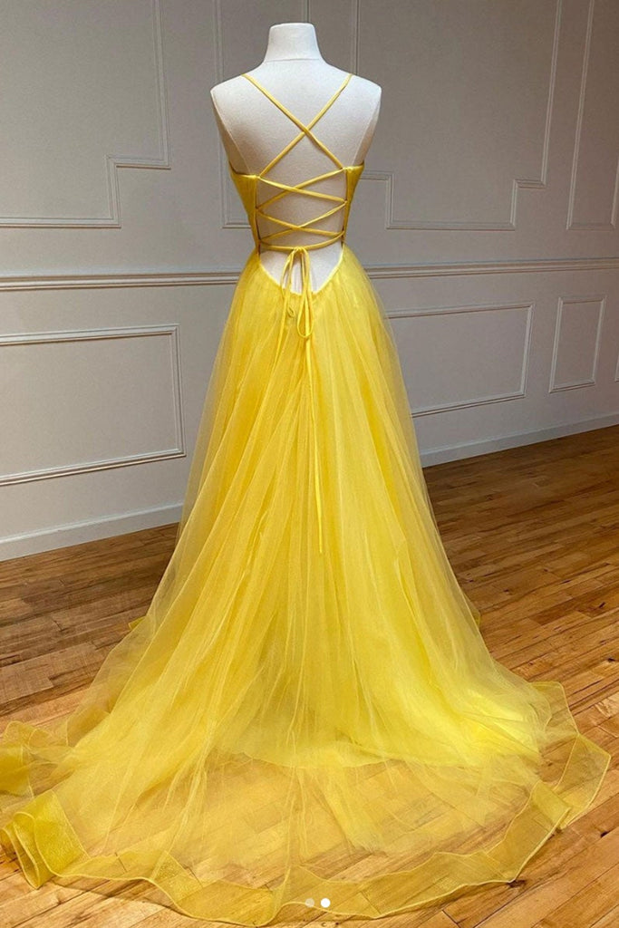 A Line V Neck Backless Yellow Tulle Long Prom Dresses, V Neck Yellow F Lwt Dress A Line V Neck Backless Yellow Tulle Long Prom Dresses, V Neck Yellow F Lwt Dress