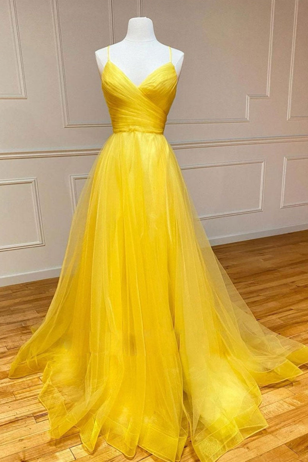 A Line V Neck Backless Yellow Tulle Long Prom Dresses, V Neck Yellow Formal Dresses, Backless Yellow Evening Dresses