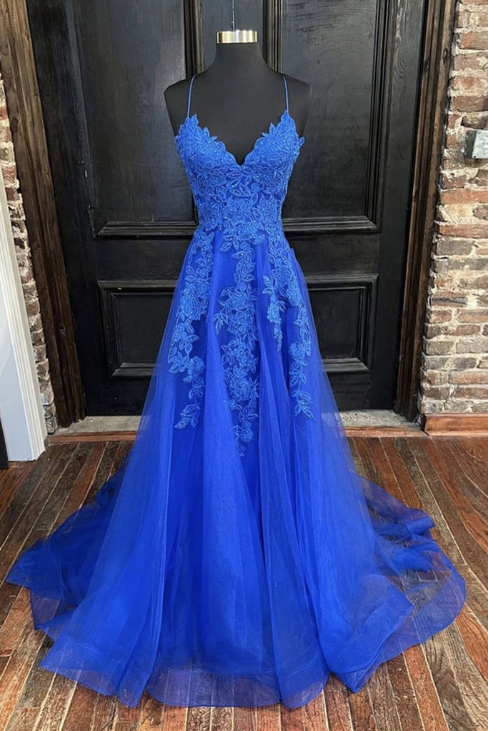 A Line V Neck Blue Tulle Lace Long Prom Dresses, V Neck Blue Formal Dr Lwt Dress A Line V Neck Blue Tulle Lace Long Prom Dresses, V Neck Blue Formal Dr Lwt Dress