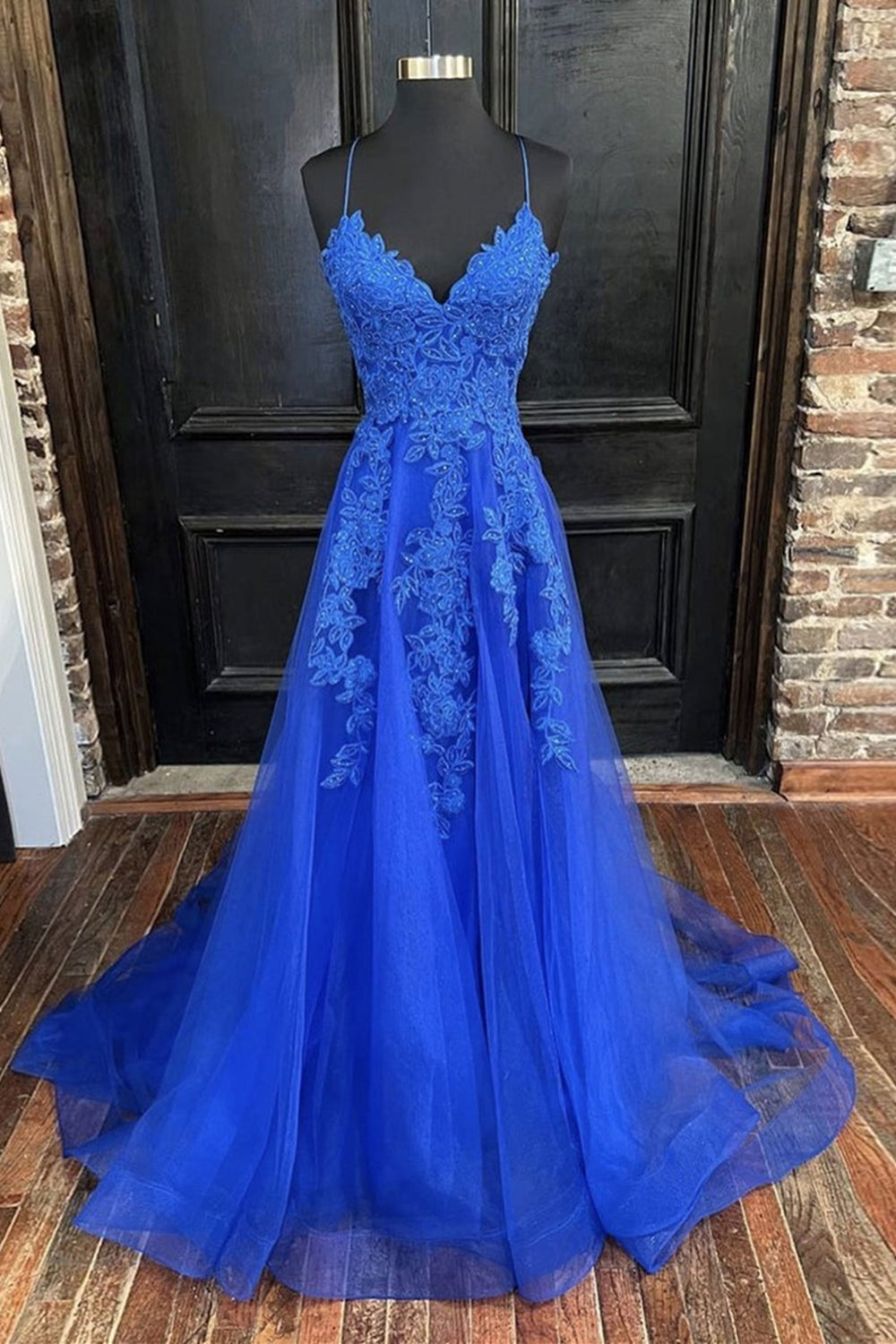 A Line V Neck Blue Tulle Lace Long Prom Dresses, V Neck Blue Formal Dr Lwt Dress A Line V Neck Blue Tulle Lace Long Prom Dresses, V Neck Blue Formal Dr Lwt Dress