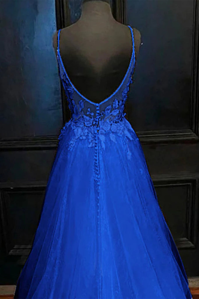 A Line V Neck Blue Tulle Lace Long Prom Dresses, V Neck Blue Formal Dr Lwt Dress A Line V Neck Blue Tulle Lace Long Prom Dresses, V Neck Blue Formal Dr Lwt Dress