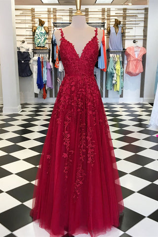 A Line V Neck Burgundy Lace Long Prom Dresses, V Neck Burgundy Formal Dresses, Burgundy Lace Evening Dresses