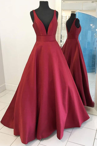 A Line V Neck Burgundy Satin Long Prom Dresses, V Neck Burgundy Formal Graduation Evening Dresses