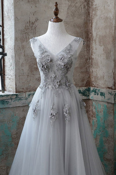 A Line V Neck Gray Lace Floral Long Prom Dresses, Gray Tulle Lace Formal Dresses, Gray Evening Dresses with Appliques