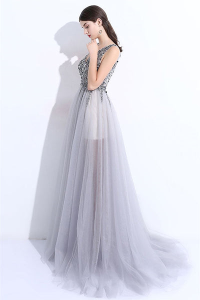 A Line V Neck Gray Tulle Beaded Long Prom Dresses, V Neck Gray Formal Dresses with Sequins, Beaded Gray Evening Dresses