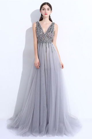 A Line V Neck Gray Tulle Beaded Long Prom Dresses, V Neck Gray Formal Dresses with Sequins, Beaded Gray Evening Dresses