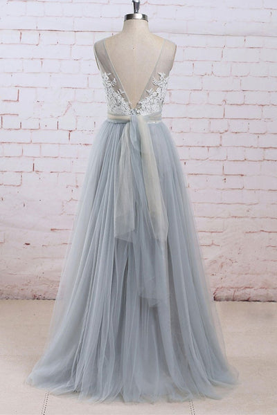A Line V Neck Gray Tulle Long Prom Dresses with Lace Top, V Neck Gray Formal Dresses, Gray Lace Evening Dresses