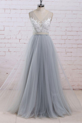 A Line V Neck Gray Tulle Long Prom Dresses with Lace Top, V Neck Gray Formal Dresses, Gray Lace Evening Dresses