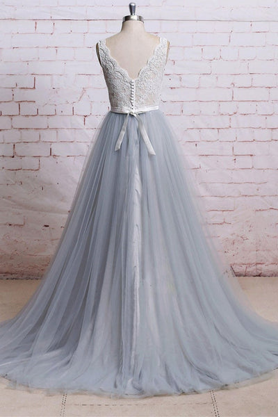 A Line V Neck Gray Tulle Long Prom Dresses with White Lace Top, White Lace Gray Formal Graduation Evening Dresses
