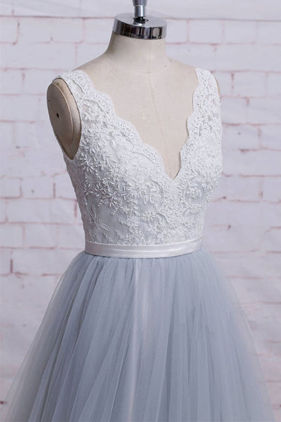 A Line V Neck Gray Tulle Long Prom Dresses with White Lace Top, White Lace Gray Formal Graduation Evening Dresses