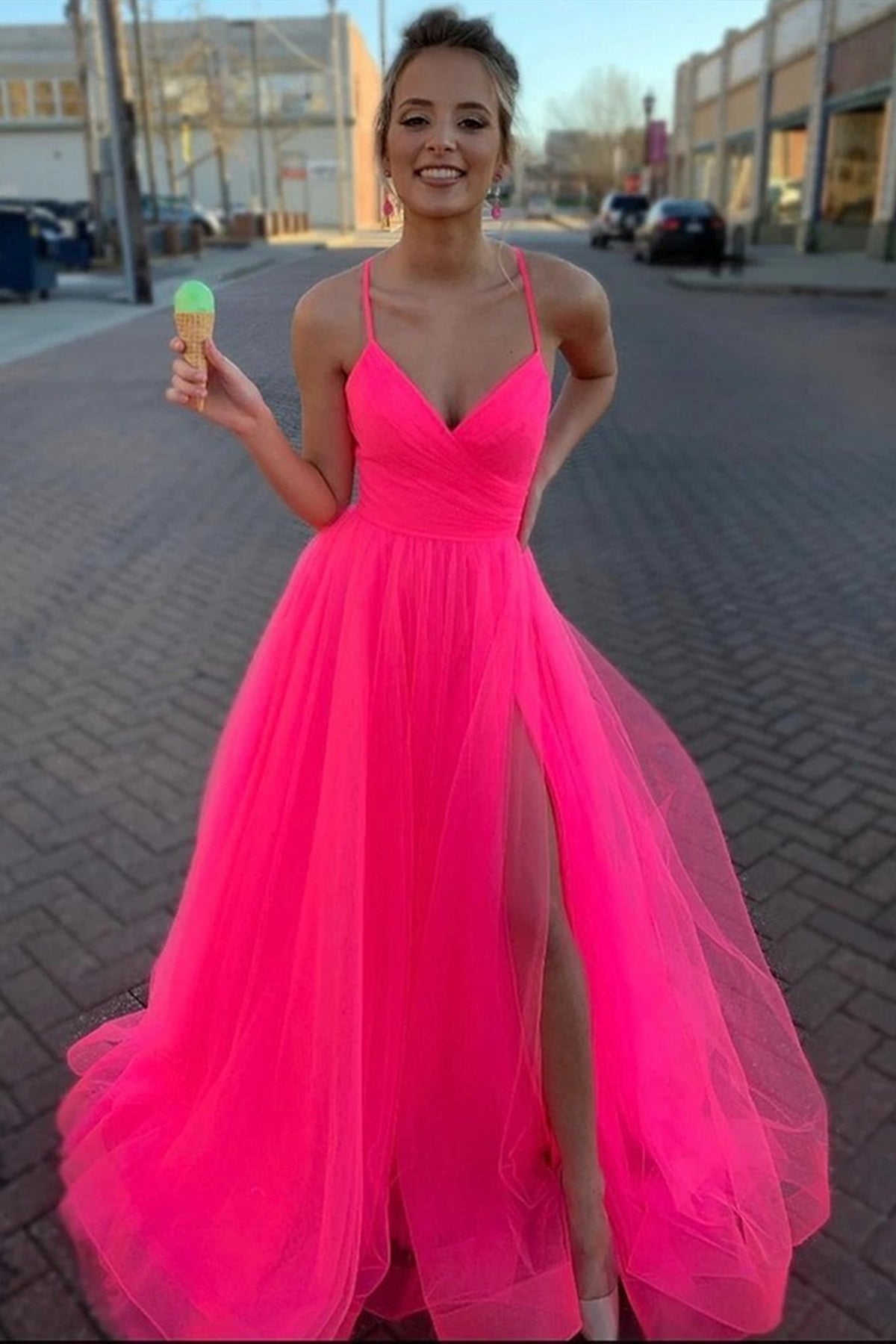 A Line V Neck Hot Pink Tulle Long Prom Dresses, Hot Pink Tulle Long Formal Evening Dresses