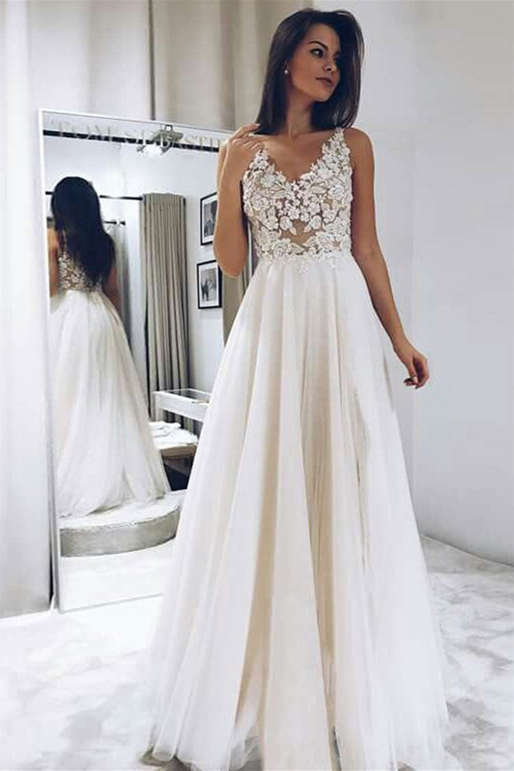 A Line V Neck Ivory Lace Long Prom Dresses, Ivory Lace Formal Dresses, Lwt Dress A Line V Neck Ivory Lace Long Prom Dresses, Ivory Lace Formal Dresses, Lwt Dress