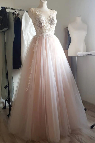 A Line V Neck Light Pink Lace Long Prom Dresses, V Neck Light Pink Formal Dresses, Light Pink Lace Evening Dresses