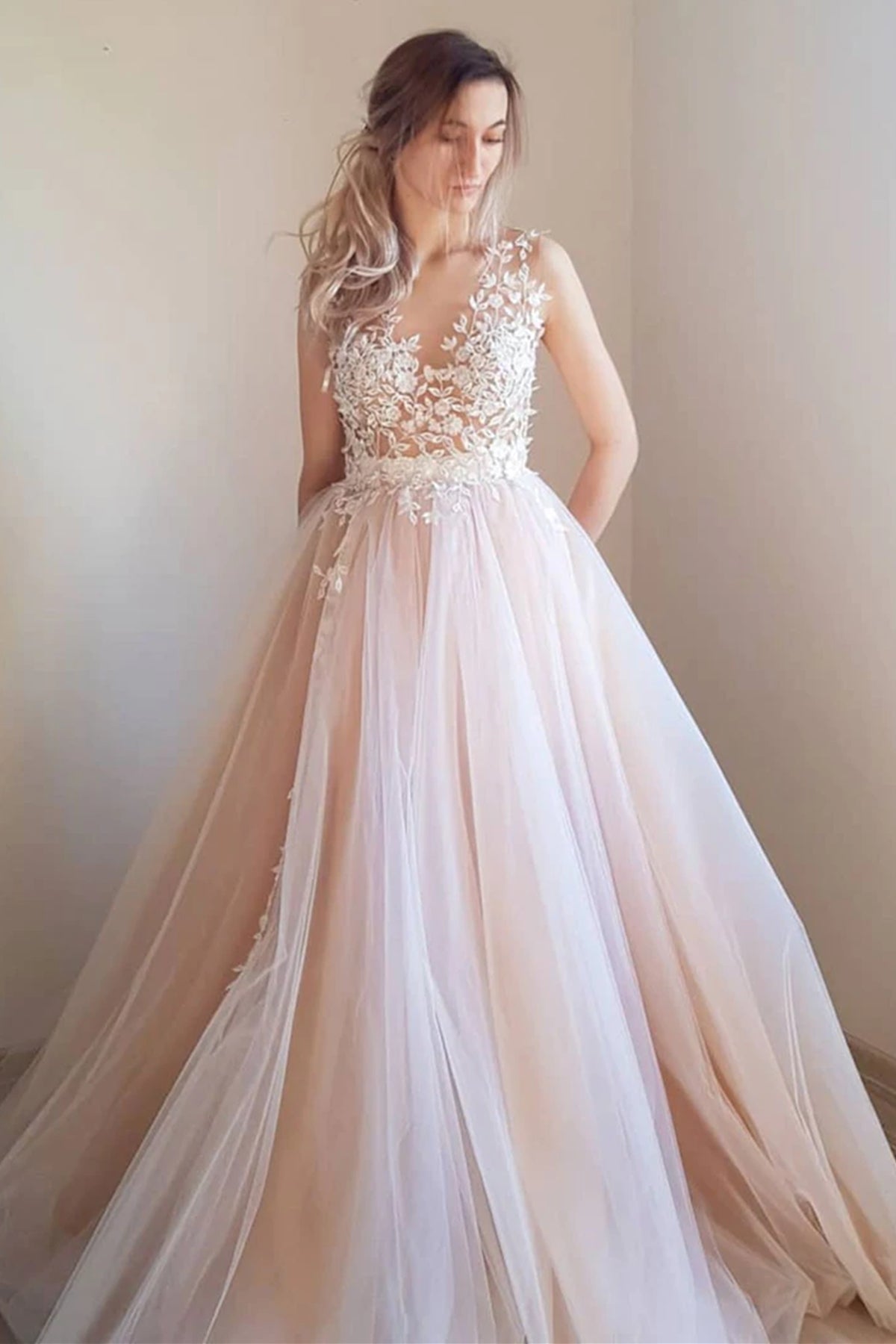 A Line V Neck Light Pink Lace Long Prom Dresses, V Neck Light Pink For Lwt Dress A Line V Neck Light Pink Lace Long Prom Dresses, V Neck Light Pink For Lwt Dress