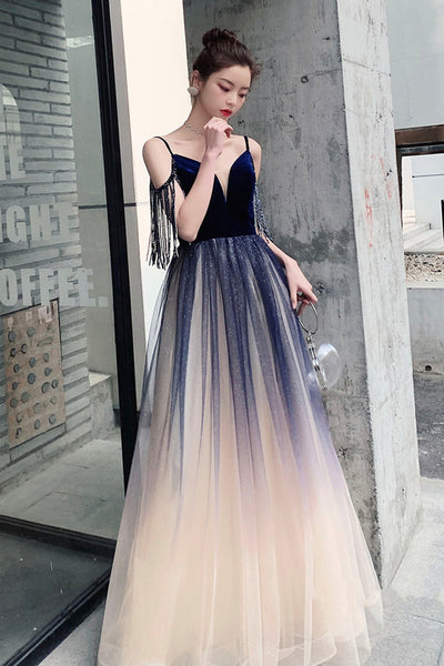 A Line V Neck Ombre Tulle Long Prom Dresses, Ombre Formal Graduation E โ Lwt Dress