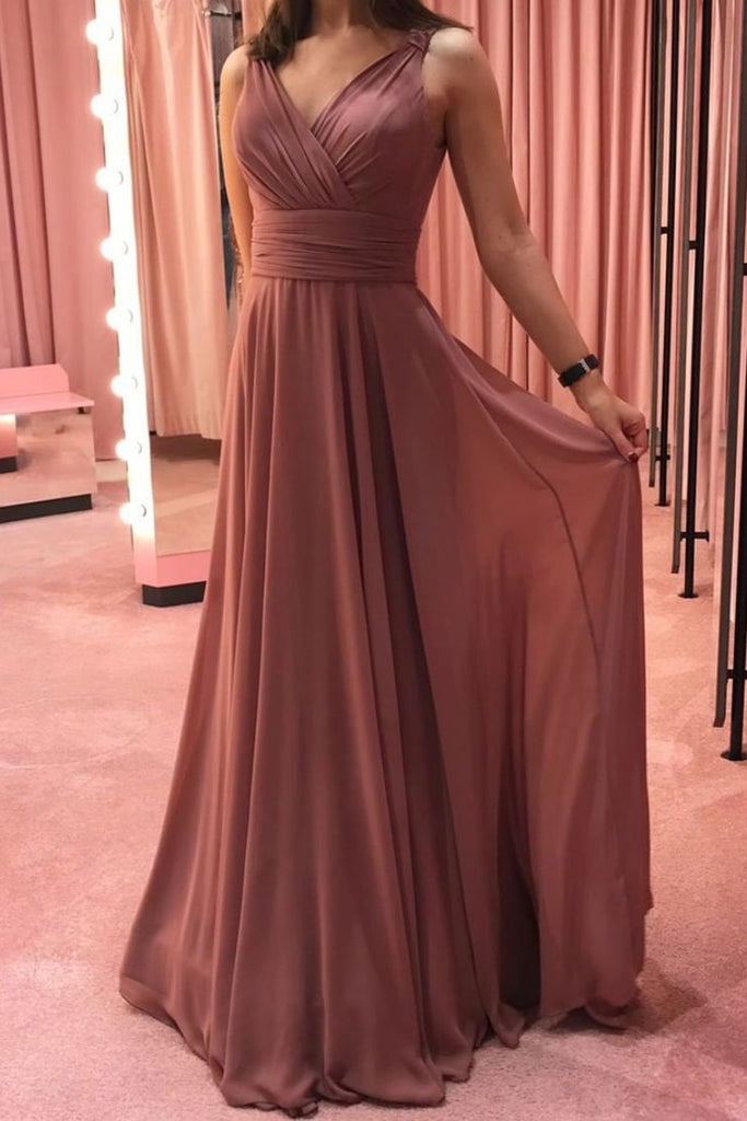 A Line V Neck Open Back Chiffon Long Prom Dresses, V Neck Open Back Br – Lwt Dress