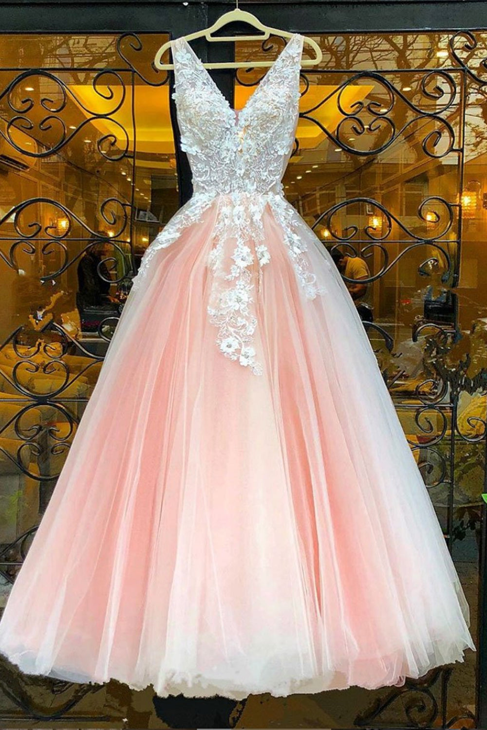 A Line V Neck Pink Lace Appliques Long Prom Dresses, Pink Lace Formal Evening Dresses, Pink Party Dresses