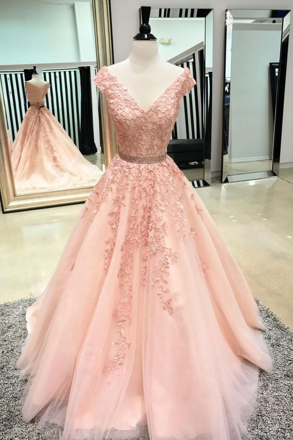 A Line V Neck Pink Lace Long Prom Dresses with Belt, Pink Lace Formal Dresses, Pink Evening Dresses