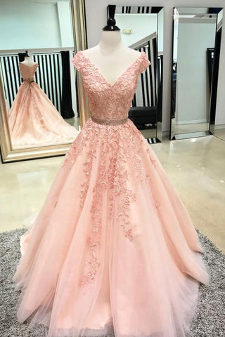 A Line V Neck Pink Lace Long Prom Dresses with Belt, Pink Lace Formal Dresses, Pink Evening Dresses