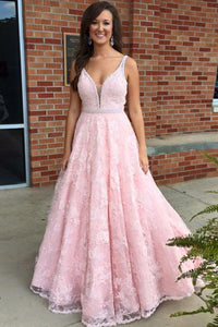 A Line V Neck Pink Lace Long Prom Dresses with Belt, Pink Lace Formal Graduation Evening Dresses