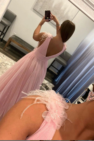 A Line V Neck Pink Tulle Long Prom Dresses, V Back Pink Formal Dresses, Pink Evening Dresses