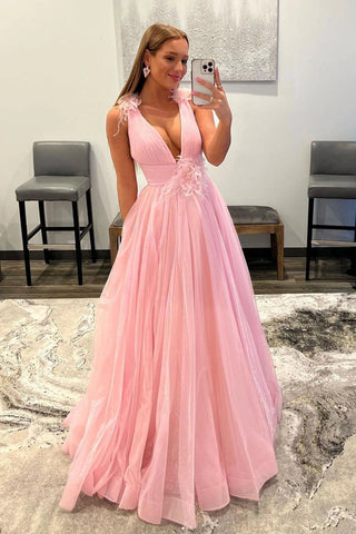 A Line V Neck Pink Tulle Long Prom Dresses, V Back Pink Formal Dresses, Pink Evening Dresses