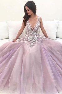 A Line V Neck Purple Lace Long Prom Dresses, Purple Lace Formal Dresses, Purple Party Dresses