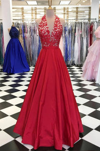 A Line V Neck Red Long Prom Dresses with Lace Top, V Neck Red Lace Formal Dresses, Red Evening Dresses