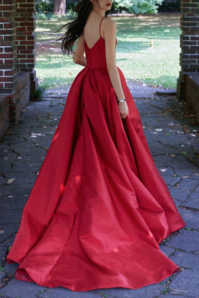 A Line V Neck Red Satin Long Prom Dresses, V Neck Red Formal Dresses, Red Evening Dresses