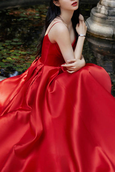 A Line V Neck Red Satin Long Prom Dresses, V Neck Red Formal Dresses, Red Evening Dresses