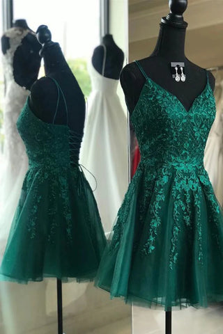 A Line V Neck Short Green Lace Prom Dresses, Green Lace Graduation Homecoming Dresses