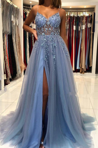 A Line V Neck Smoky Gray Long Beaded Prom Dresses, Smoky Gray Long Formal Evening Dresses