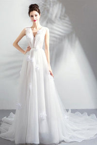 A Line V Neck White Floral Long Prom Dresses, White Floral Formal Dresses, White Evening Dresses