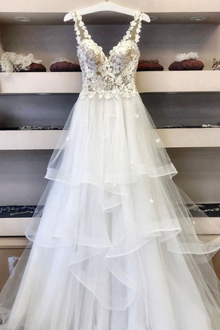A Line V Neck White Lace Long Prom Dresses, Beaded White Lace Wedding Dresses, White Formal Evening Dresses