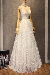 A Line V Neck White Lace Long Prom Dresses, White Lace Formal Dresses, White Evening Dresses