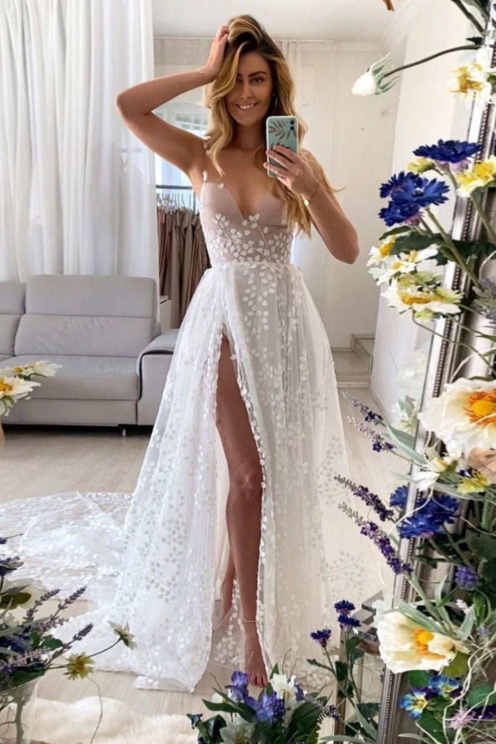 A Line V Neck White Lace Long Prom Dresses with High Slit, V Neck Whit Lwt Dress A Line V Neck White Lace Long Prom Dresses with High Slit, V Neck Whit Lwt Dress