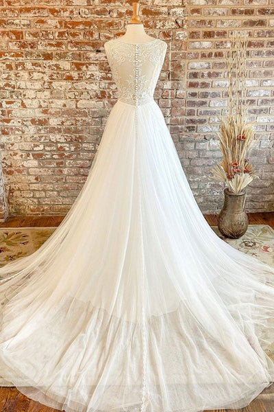 A Line V Neck White Lace Long Prom Wedding Dresses, V Neck White Tulle Formal Dresses, White Lace Evening Dresses