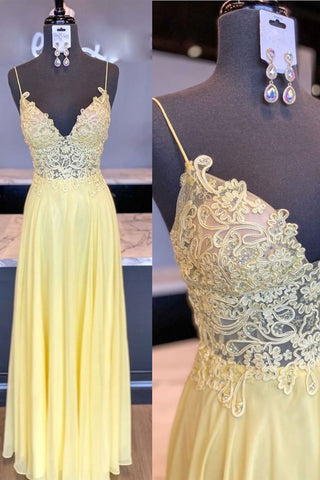 A Line V Neck Yellow Lace Long Prom Dresses, Yellow Lace Formal Dresses, Yellow Party Dresses