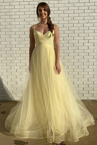 A Line V Neck Yellow Long Prom Dresses, Shiny Yellow Formal Dress, Graduation Evening Dress