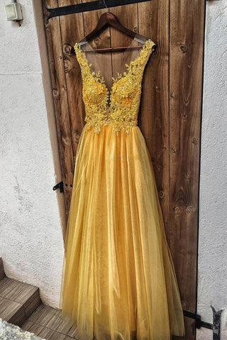 A Line Yellow Tulle Lace Long Prom Dresses, V Neck Yellow Formal Dresses, Yellow Lace Evening Dresses