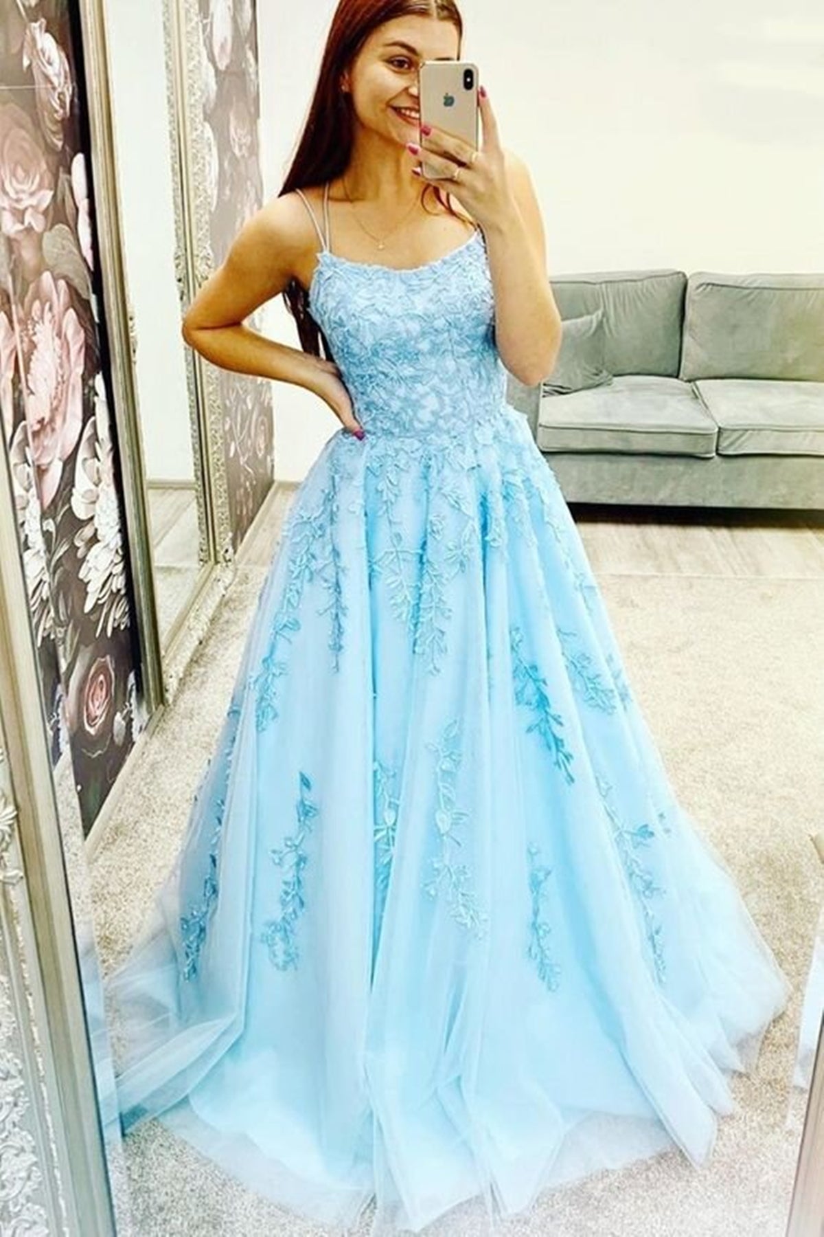 Baby Blue Lace Tulle Long Prom Dresses Beaded Blue Lace Formal Evening Dresses