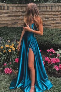Backless Blue Prom Dresses, Open Back Blue Long Formal Graduation Dresses