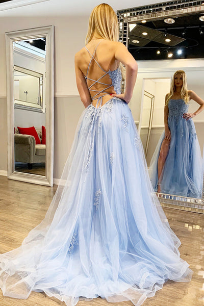 Backless Light Blue Lace Prom Dresses, Open Back Light Blue Lace Formal Graduation Dresses