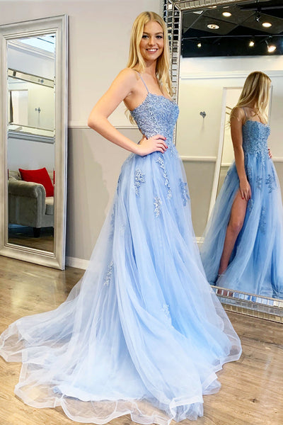 Backless Light Blue Lace Prom Dresses, Open Back Light Blue Lace Formal Graduation Dresses