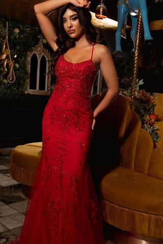 Backless Mermaid Beaded Red Long Prom Dresses, Mermaid Red Formal Dresses, Beaded Red Evening Dresses WT1116